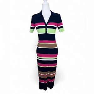 Tanya Taylor Navy and Pink Striped Collared Midi Dress